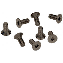 A group of eight stainless steel flat head hex drive screws with an antique brushed nickel finish.