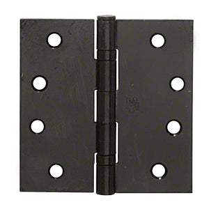 A 4-inch by 4-inch commercial ball bearing hinge finished in antique oil-rubbed bronze with a removable pin.
