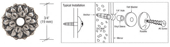 A close-up of a 3/4-inch antique silver floral mirror rosette alongside a technical diagram showing its installation components.