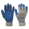 A pair of Atlas Fit gloves shown from the palm and back sides, featuring a blue rubber coating and grey poly-cotton knit fabric.