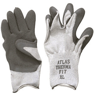 A pair of Atlas Therma-Fit insulated gloves featuring a grey rubber palm coating and a white cotton knit back.