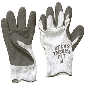 A pair of medium-sized Atlas Therma-Fit insulated gloves featuring a white cotton knit back and gray rubber palm coating.