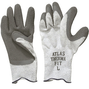 A pair of large Atlas Therma-Fit insulated work gloves featuring a white cotton knit base and grey rubber coating on the palms and fingers.