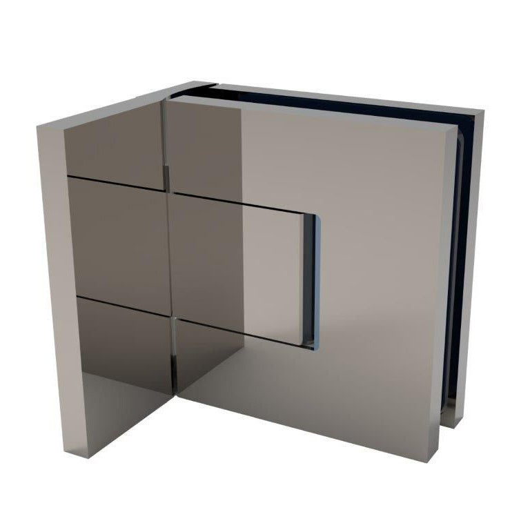 A fully assembled brushed nickel Bellagio wall mount hinge for glass shower doors.