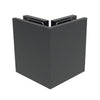 A matte black 90-degree glass-to-glass bracket from the Bellagio series shown in a closed, assembled position.