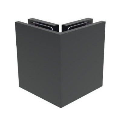 A matte black 90-degree glass-to-glass bracket from the Bellagio series shown in a closed, assembled position.