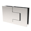 A fully assembled polished chrome Bellagio glass-to-glass hinge shown from a front angle.