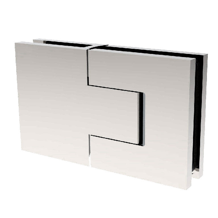 A fully assembled polished chrome Bellagio glass-to-glass hinge shown from a front angle.