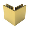 A satin brass 90-degree glass-to-glass bracket from the Bellagio series shown in a closed, assembled position.