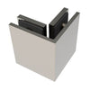 A close-up view of the brushed nickel Bellagio Series 90-degree glass-to-glass bracket showing its concealed design.