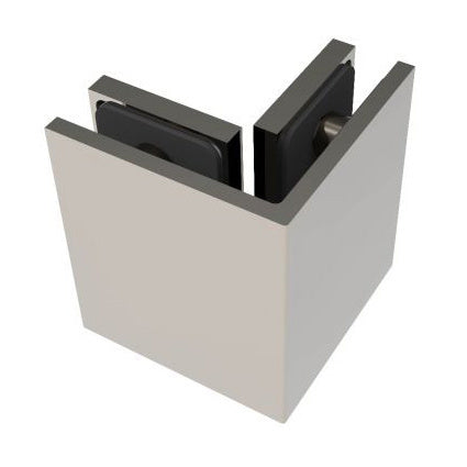 A close-up view of the brushed nickel Bellagio Series 90-degree glass-to-glass bracket showing its concealed design.