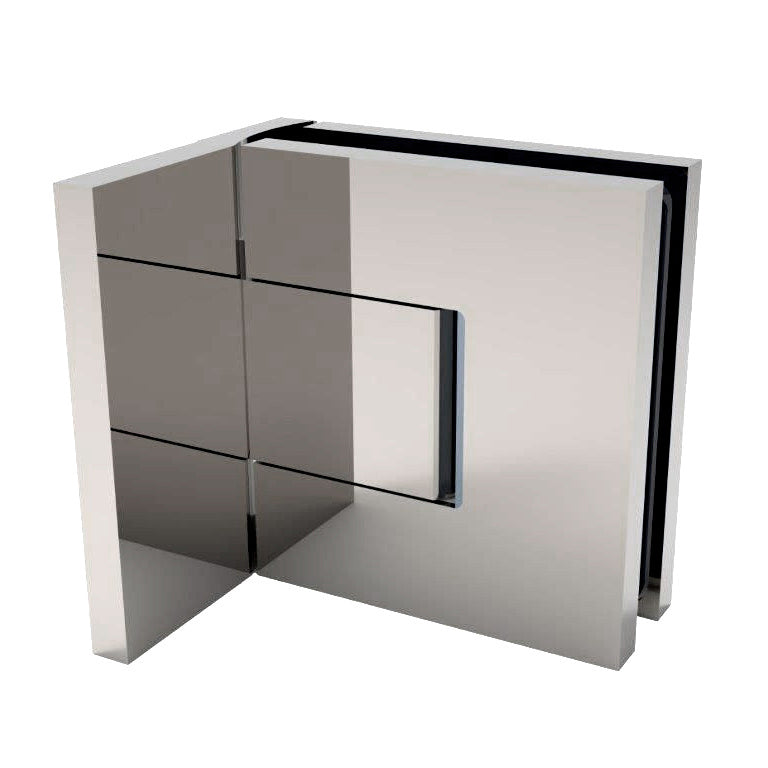 A polished chrome Bellagio wall mount hinge shown in its fully assembled state.