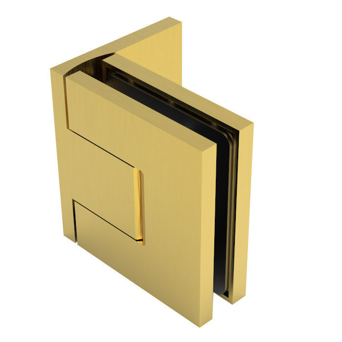 A front-facing view of the satin brass Bellagio wall mount hinge showing its square edge profile.