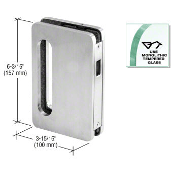 A brushed stainless steel Birmingham Series slim line receiver handle shown with dimension lines and a tempered glass requirement icon.