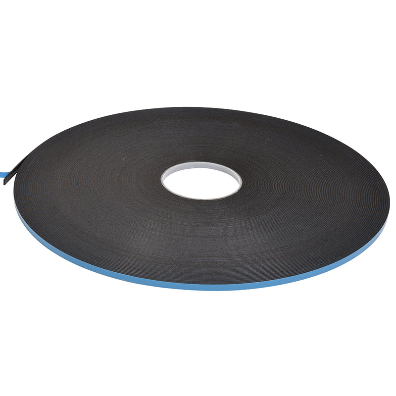 A single roll of black double-sided foam glazing tape with a blue protective liner.