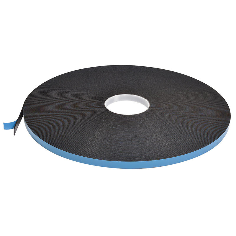 A single roll of black double-sided foam glazing tape with a blue protective liner.