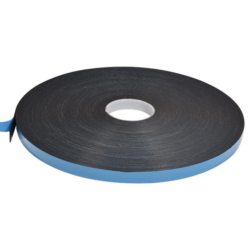 A single roll of black double-sided foam glazing tape with a blue protective liner on a white background.