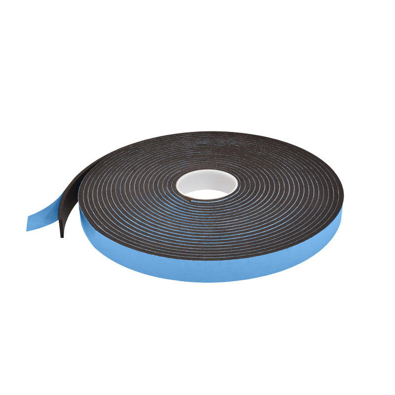 A roll of black single-sided foam glazing tape with a blue protective liner.