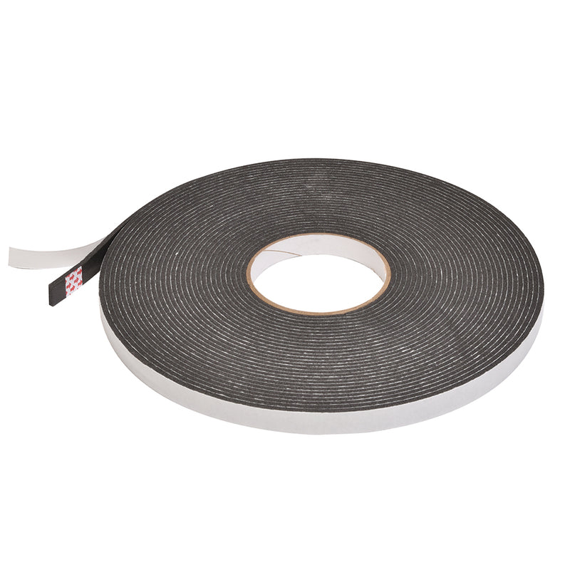 A roll of black all-purpose foam mounting tape with a white release liner.