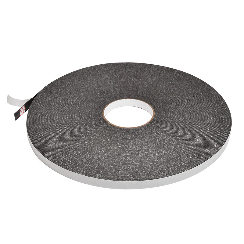 A single roll of black 1/32 inch thick all-purpose foam mounting tape with a white release liner.