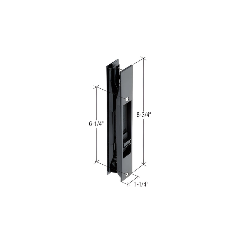 A black plastic Adams Rite door handle shown with technical dimension lines indicating a 6-1/4 inch hole spacing and 8-3/4 inch total height.