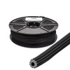 A 500-foot roll of black serrated hollow core vinyl screen retainer spline shown with a close-up of the profile.