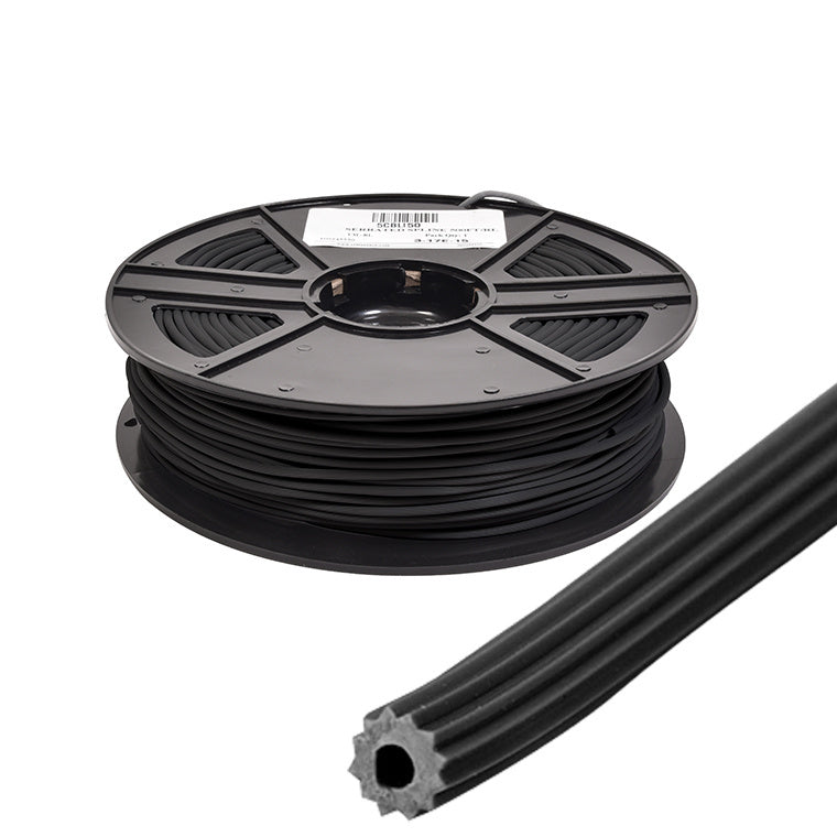 A 500-foot roll of black serrated hollow core vinyl screen retainer spline shown with a close-up of the profile.