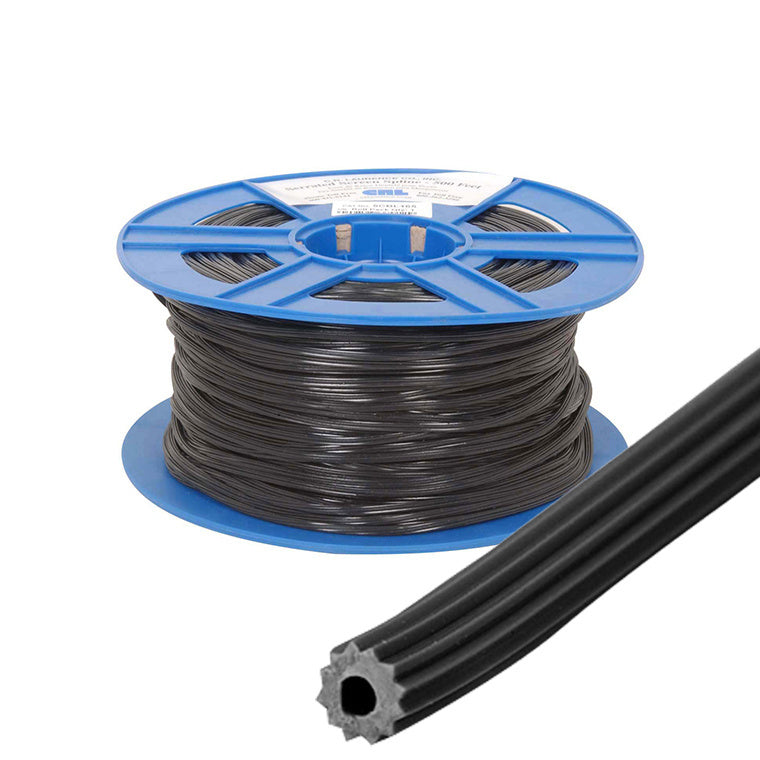 A 500-foot roll of black serrated hollow core vinyl screen retainer spline.
