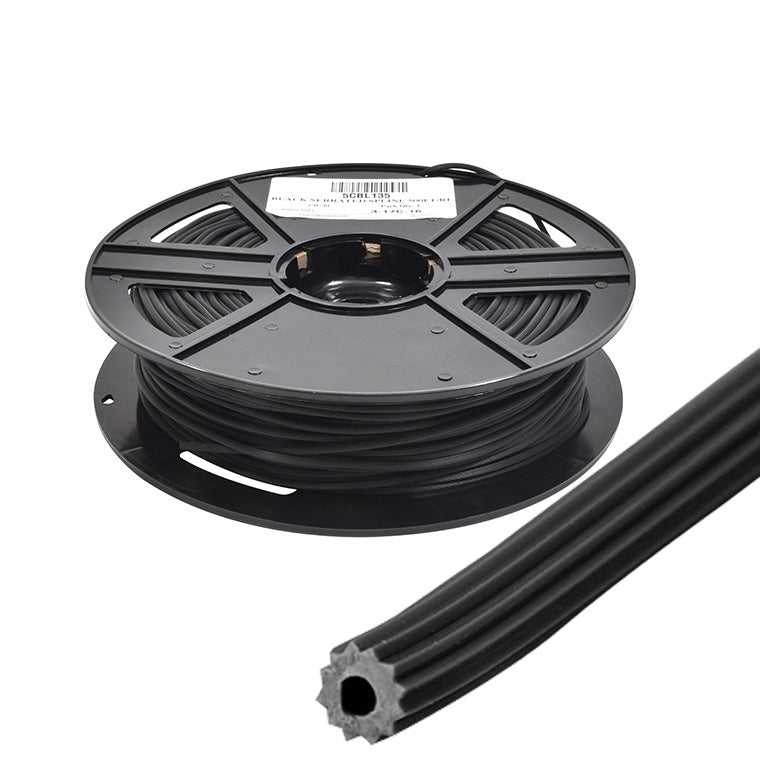 A 500-foot roll of black serrated hollow core vinyl screen retainer spline.