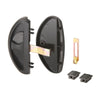 A black plastic sliding screen door latch and pull set with a steel mortise latch and small components.