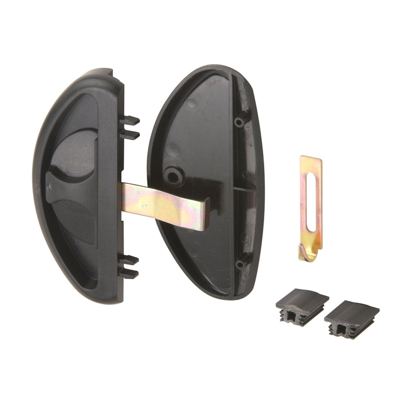 A black plastic sliding screen door latch and pull set with a steel mortise latch and small components.