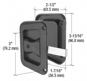 A black sliding screen door latch and pull with a steel latch and plastic housing shown with dimension labels.