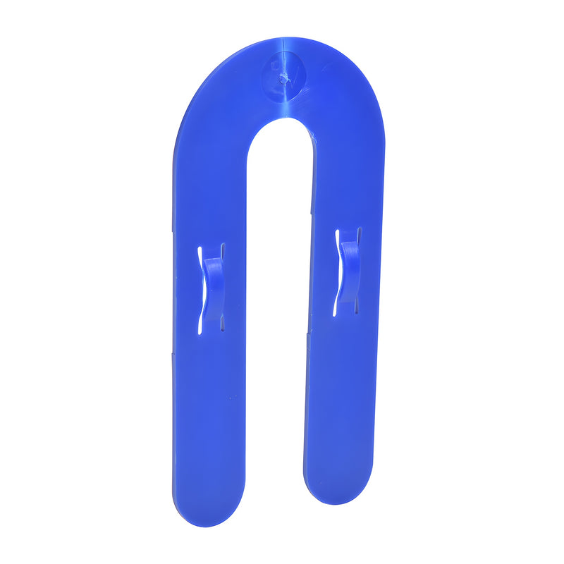 A single blue plastic interlocking horseshoe shim shown from a front-facing angle.