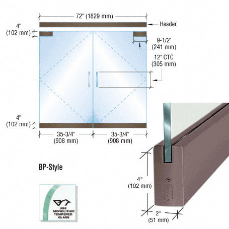 Technical diagram showing a 6-foot BP-style double door entrance kit with black bronze anodized aluminum rails for 1/2-inch glass.