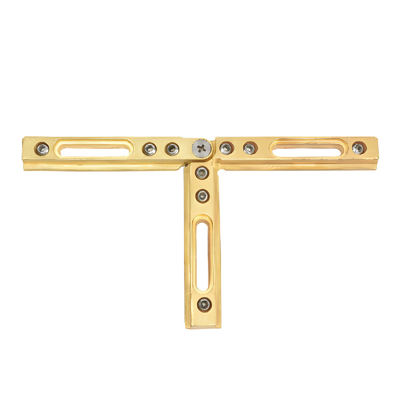 A brass adjustable T-bracket for a deluxe header kit shown in a flat, horizontal position.