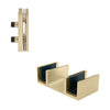 A brushed bronze 90-degree accessory connector and a bottom guide for a Brixen sliding shower door system.
