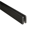 A close-up view of the matte black stainless steel header bar for the Brixen sliding shower door system.
