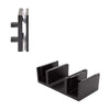 A matte black stainless steel 90-degree accessory connector and a bottom shower door guide are displayed against a white background.