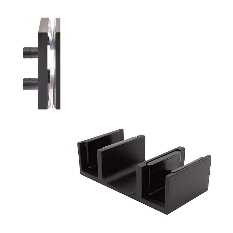 A matte black stainless steel 90-degree accessory connector and a bottom shower door guide are displayed against a white background.