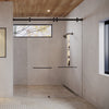 A modern bathroom features the matte black Brixen series sliding shower door system with two glass panels.