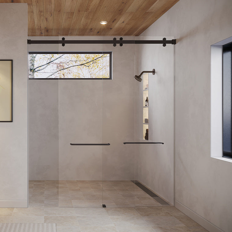 A modern bathroom features the matte black Brixen series sliding shower door system with two glass panels.