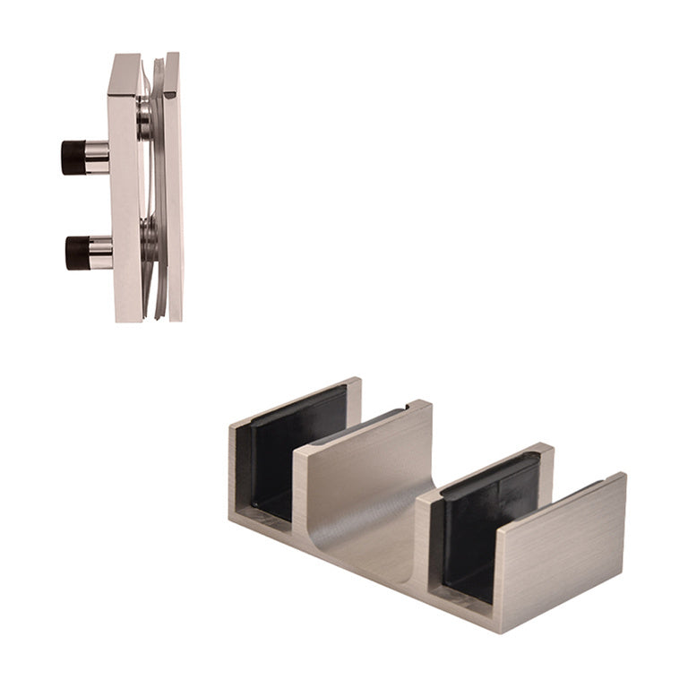 A brushed stainless steel 90-degree accessory bracket and a bottom shower door guide are shown against a white background.