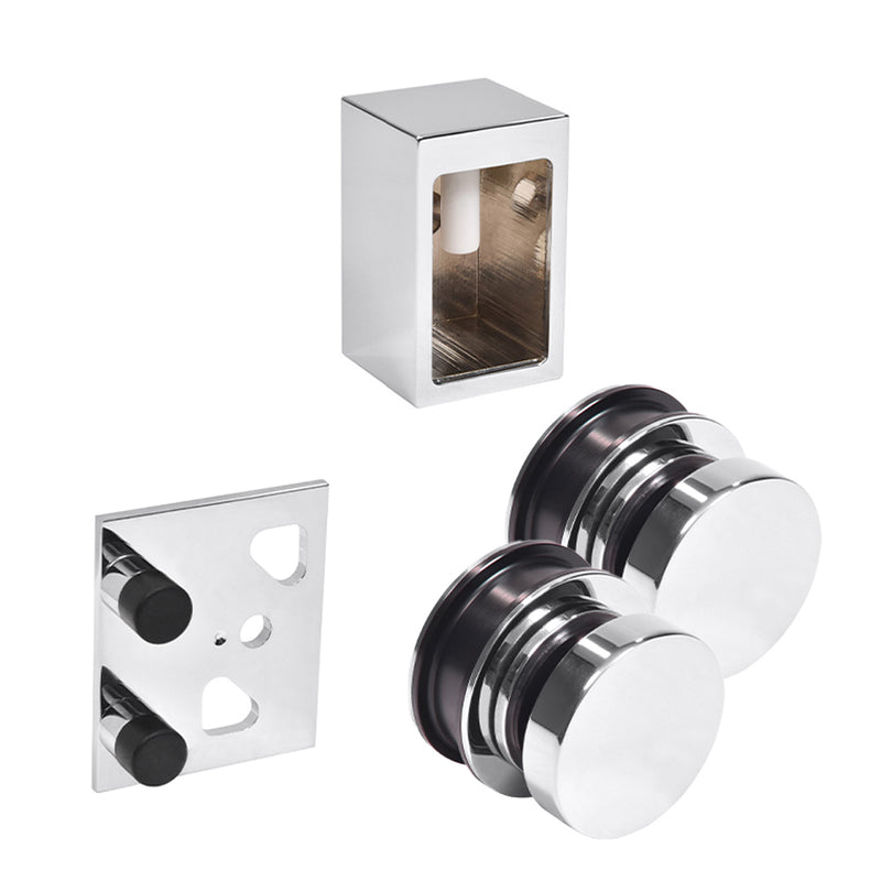 A set of polished stainless steel replacement rollers, a wall bracket, and a door stopper for the Brixen sliding shower door system.