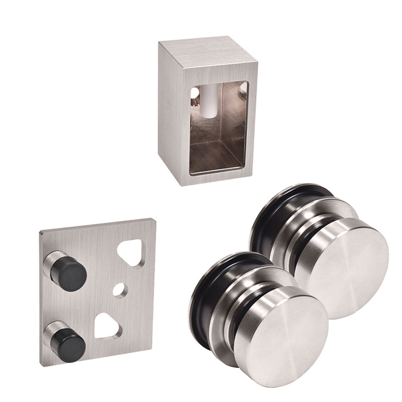 A set of brushed stainless steel Brixen sliding shower door components including two rollers, a wall bracket, and a stopper.