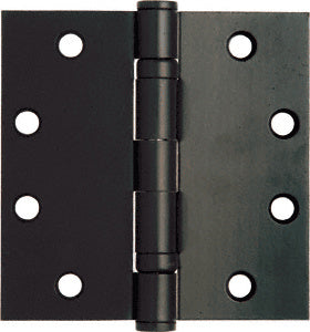 A flat view of a bronze-finished standard weight ball bearing template butt hinge with eight screw holes.