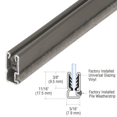 A bronze universal storm window frame section shown with a technical diagram illustrating its 11/16 inch height and 5/16 inch width.
