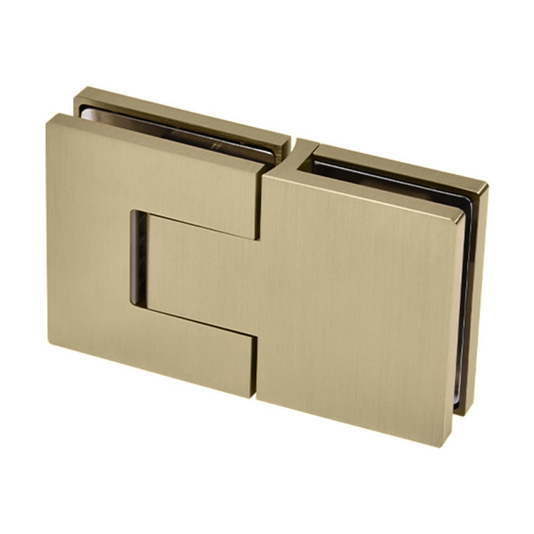 A close-up view of the brushed bronze Bellagio glass-to-glass shower hinge with a square edge profile.