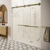 A modern bathroom features a brushed bronze Cambridge Series two-door bypass sliding shower system installed in a marble-tiled walk-in enclosure.