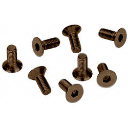 A group of eight M6 x 15 mm flat head Allen screws with a brushed bronze finish.