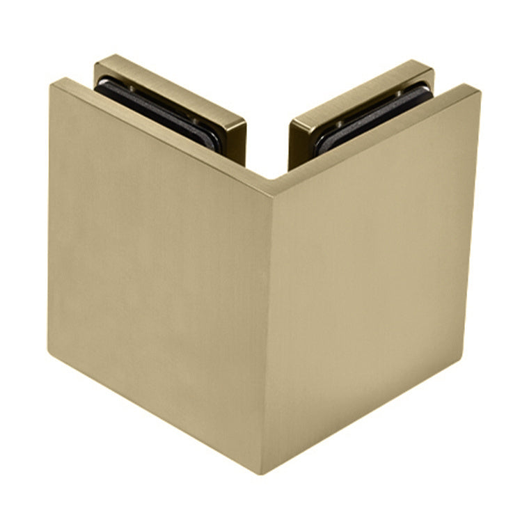 A close-up view of the brushed bronze Bellagio Series 90-degree glass-to-glass bracket.